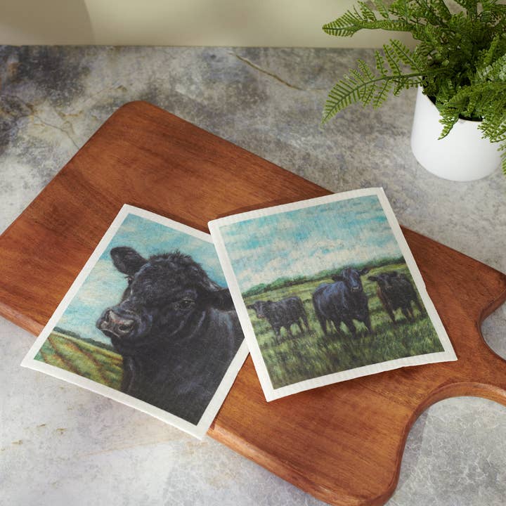 Primitives by Kathy - Wholesale Tea Towel - Angus Cows Swedish Dishcloth Set3