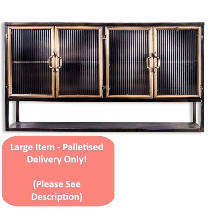 Orwell Breiter Metallschrank mit Regal in Schwarz und Gold für den Großhandel von McGowan & Rutherford Ltd