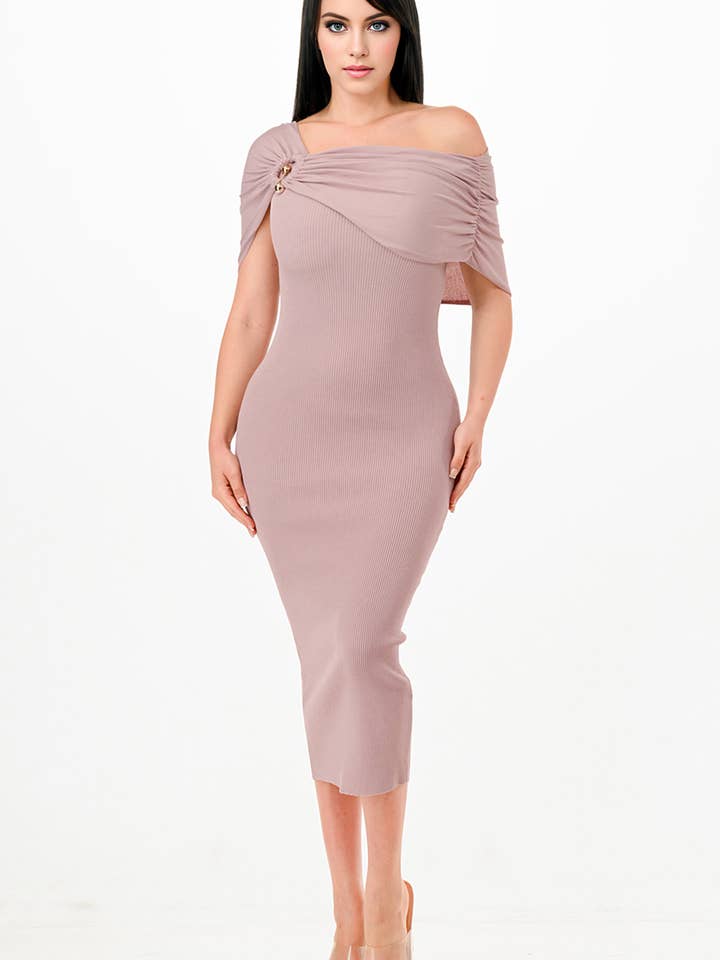 BW1096 - Off-shoulder Geribde Gebreide Jurk voor wholesale door Her Bottari