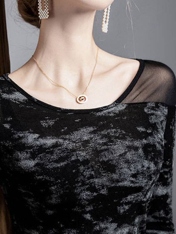 BLACK Irregularity Long Sleeves Asymmetric Graffiti Printed Mesh Split-Joint Round-Neck T-Shirts Tops for wholesale on Faire4