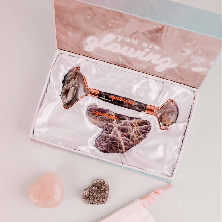 Aquamarina Beauty - Wholesale Face/Beauty Roller - Amethyst Roller and Gua Sha Set