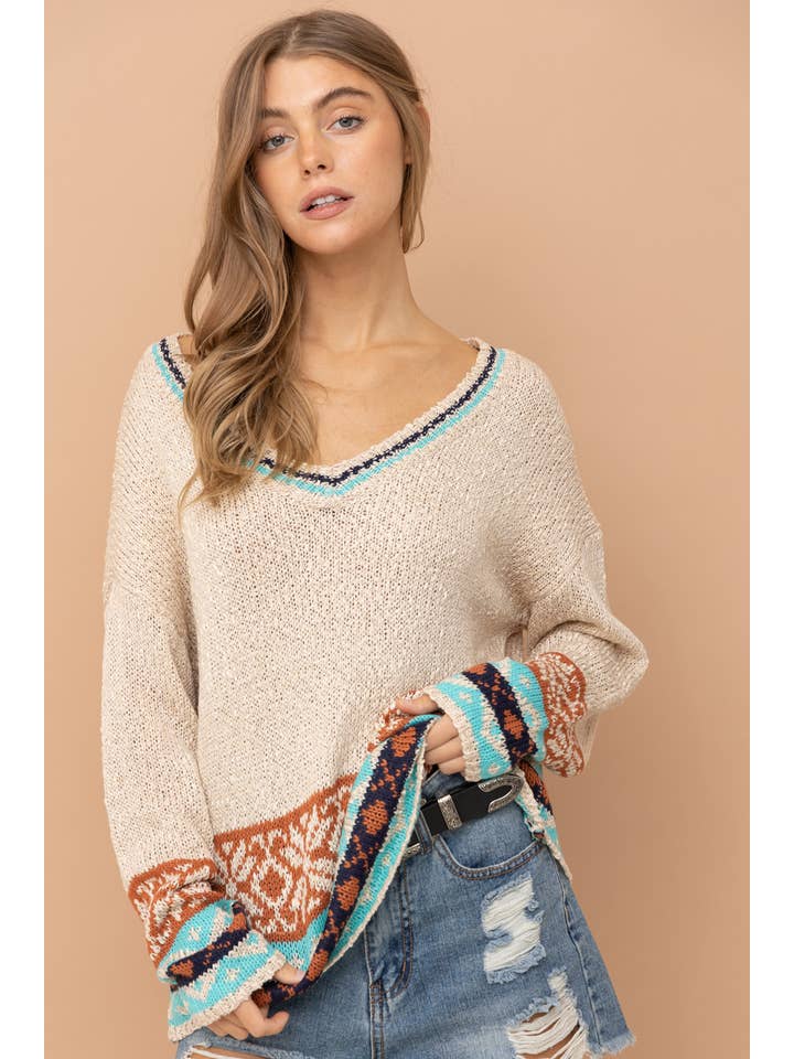 BEIGE 17137W - V-Neck Long SLV Aztec Sweater for wholesale on Faire