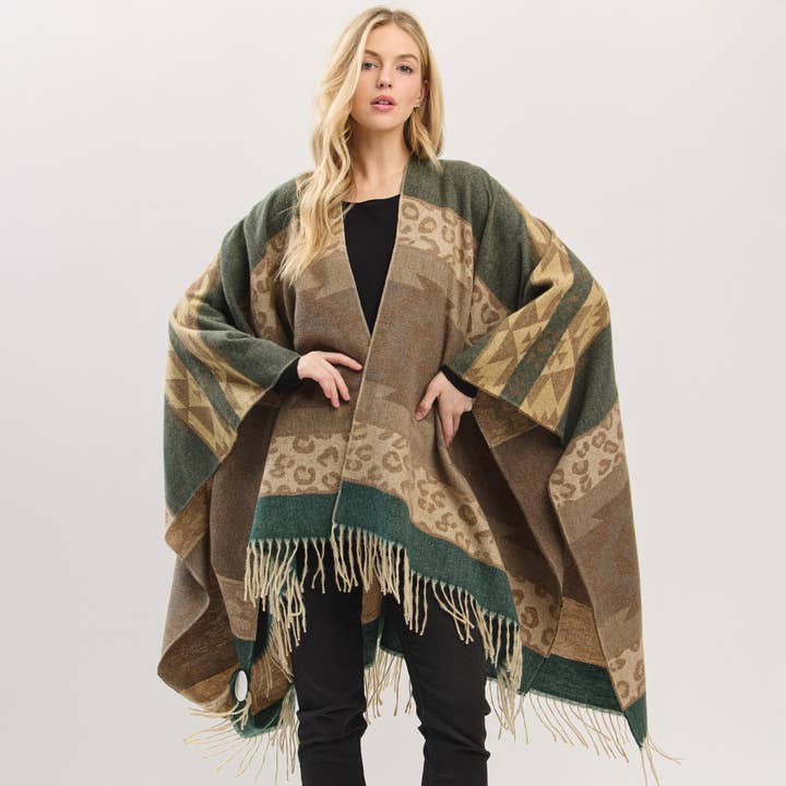 Hana – wholesale Kimono – Women's – Aztec Leopard Pattern Western Style Fringe Ruana6