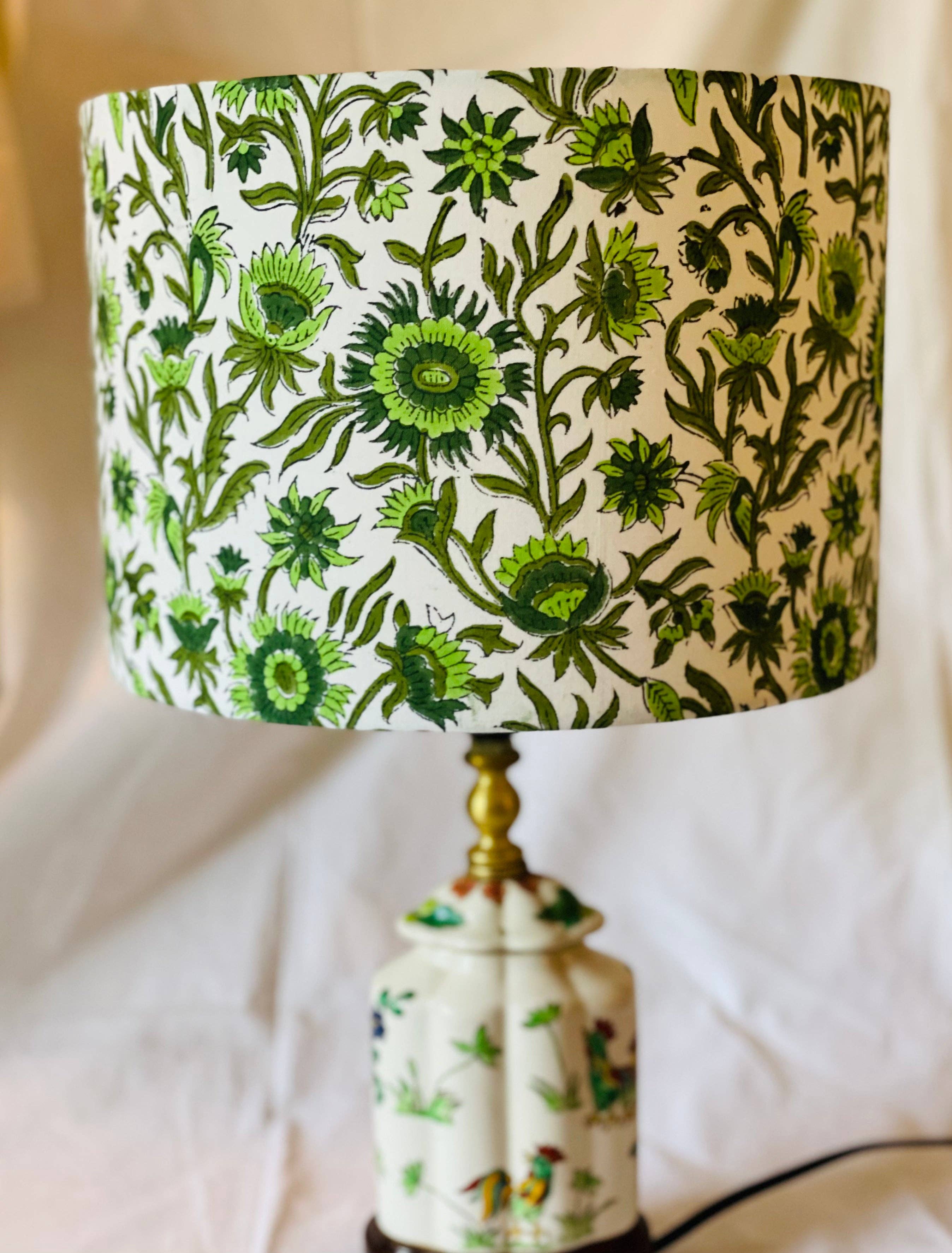 Olive and Limpet – wholesale Lampshade – 10 inch Drum Lampshade. Indian Block print from Jaipur. Pistachio, Olive Green, and Avocado Floral Motif.2
