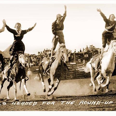 Art Print CG-20 Cowgirls Standing on Horses for wholesale by Found Image Press