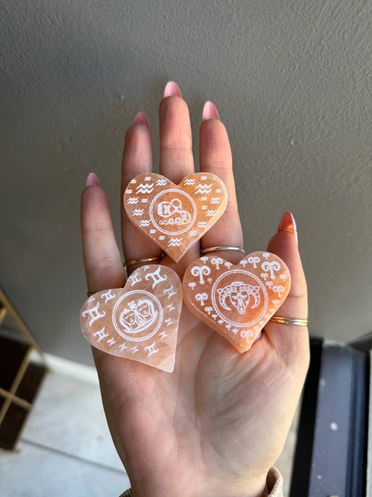 Sapphire & Sage - Wholesale Spiritual Stone/Crystal - Peach Selenite Etched Zodiac Heart Crystal Carving2