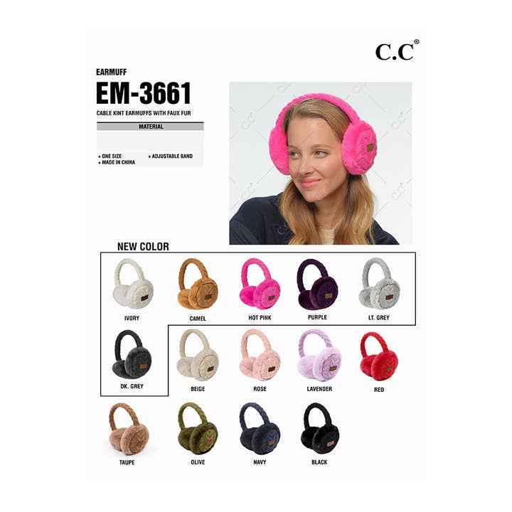 Hana - Wholesale Earwarmers/Ear Muffs - Women's - C.C Cable Knit Fur Earmuff Ear Warmer