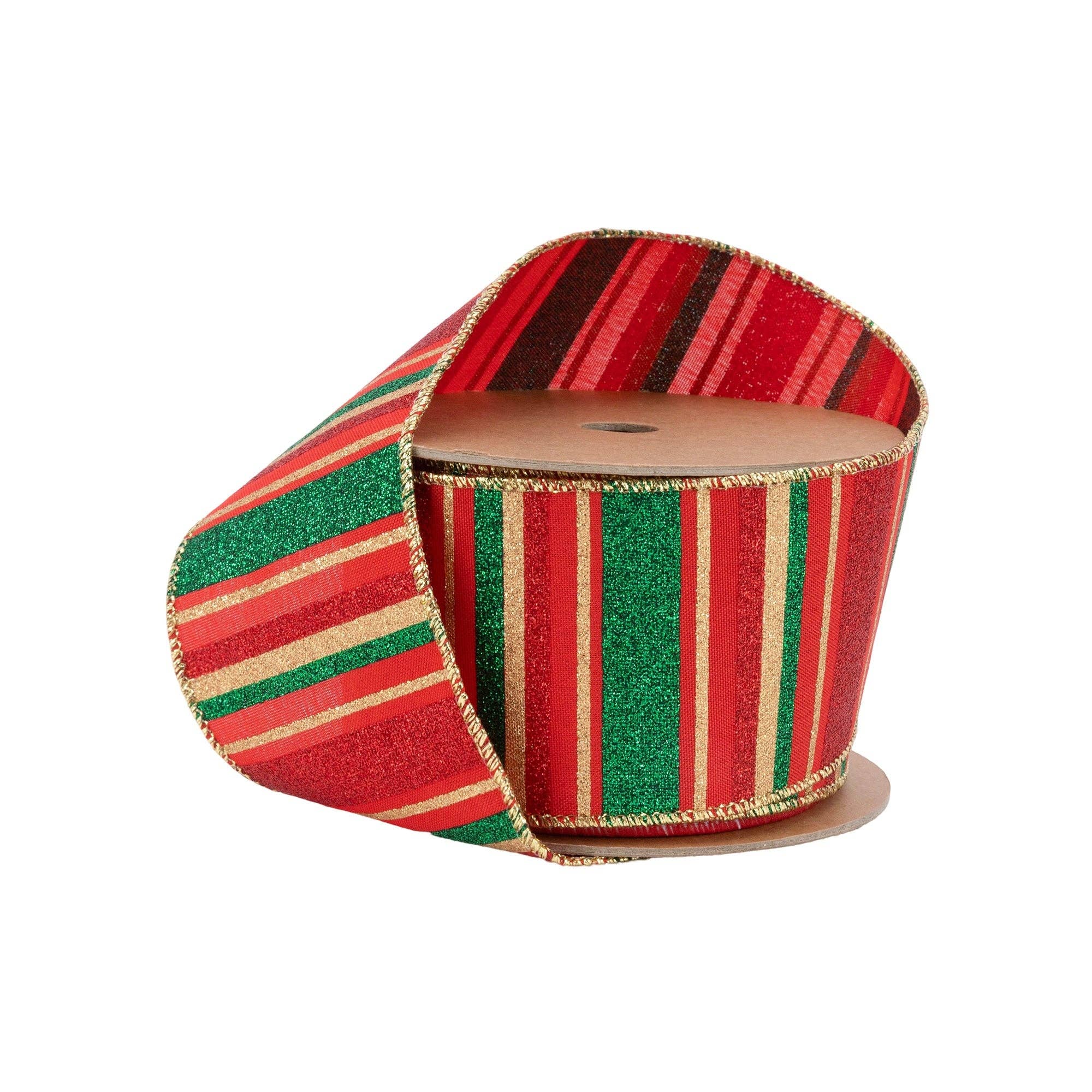 LA Ribbons Wholesale – wholesale Band – 2 1/2" Trådband | Röda, Gröna, Guld Horisontella Glittrande Ränder på Rött | 10 Yards Rulle0