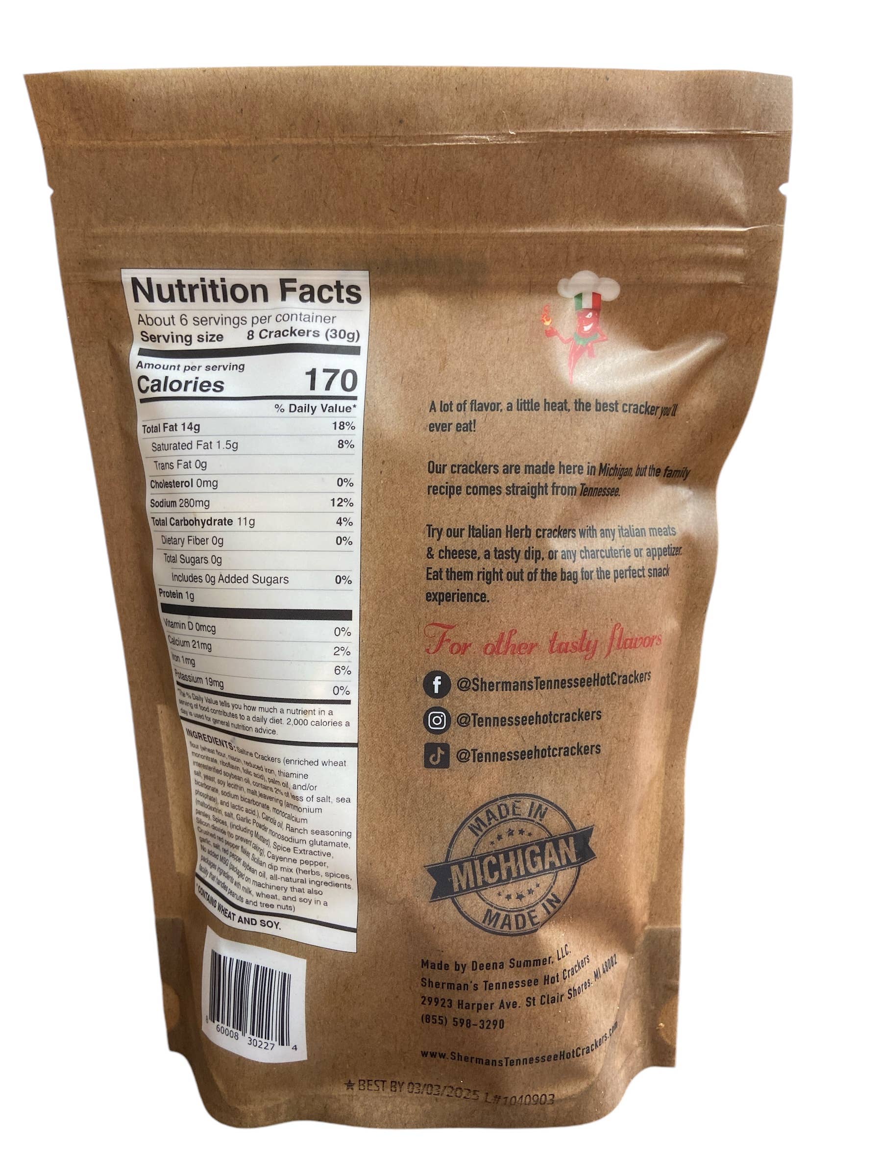 Sherman's Tennessee Hot Crackers - Wholesale Crackers - New! Sherman Tennessee Hot Crackers Italian Herb Flavor 30CT2