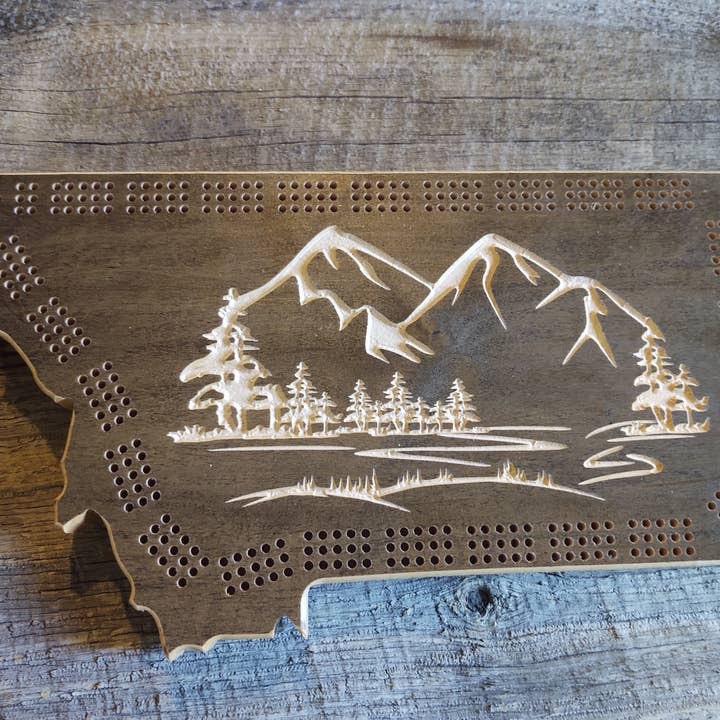 Knotty Pine Woodworks - Wholesale Board Game - Cribbage Board- Mountain Scene1
