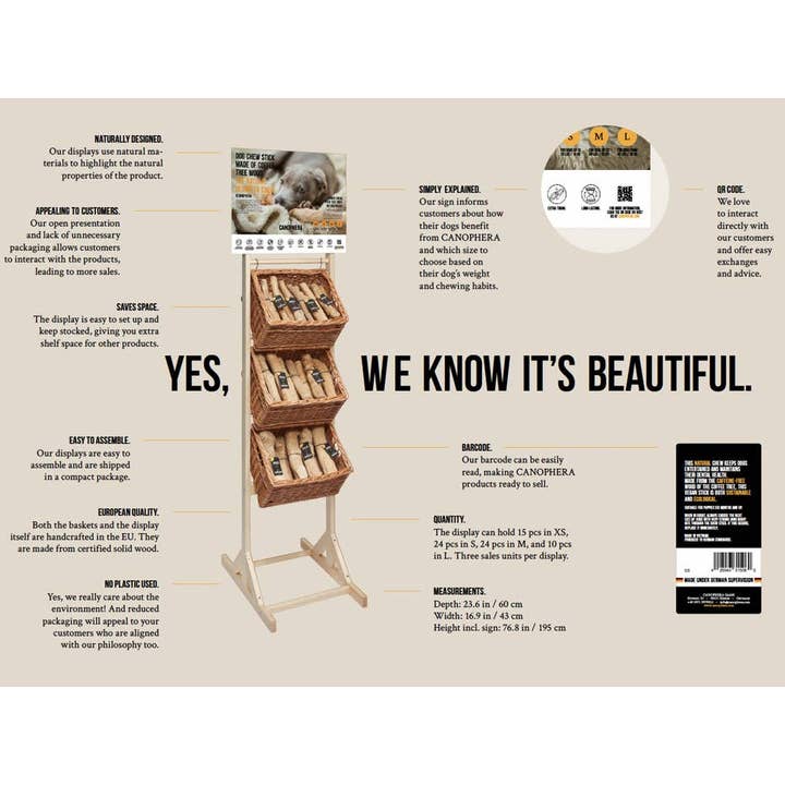 CANOPHERA LLC - Wholesale Pet Chew Toy - Dog - Wooden Sales Display Filled With 68 Coffee Wood Dog Chews.