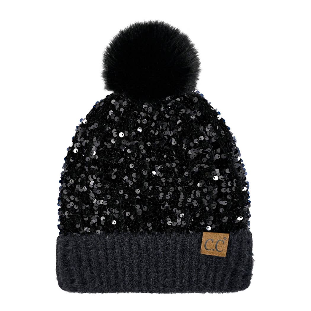 Fashion City - Wholesale Beanie - Women's - Glitter Sequined Cuff Beanie with Pom Pom0