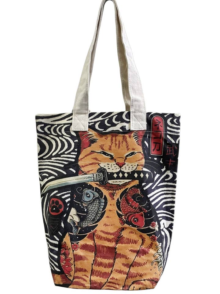 Bolsa de algodão estampada com gato samurai japonês por atacado de Fashion Scarf World
