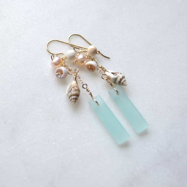 Salty But Sweet - Wholesale Dangle Earrings - Dangling Frosted Glass & Shell Earrings