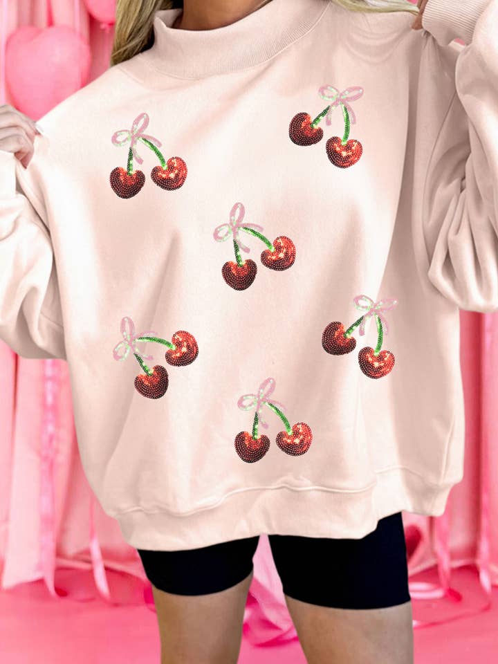 Sequin Bow Cherry Patched Mock Neck Baggy Sweatshirt (S-XL) for wholesale by 66DISCO