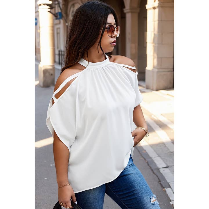 WHITE Plus Halter Open Shoulder Bat Sleeves Loose Top for wholesale on Faire2