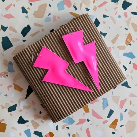 Large Neon Patent Pink Lightning Bolt Dangle Earrings for wholesale by All The Discos