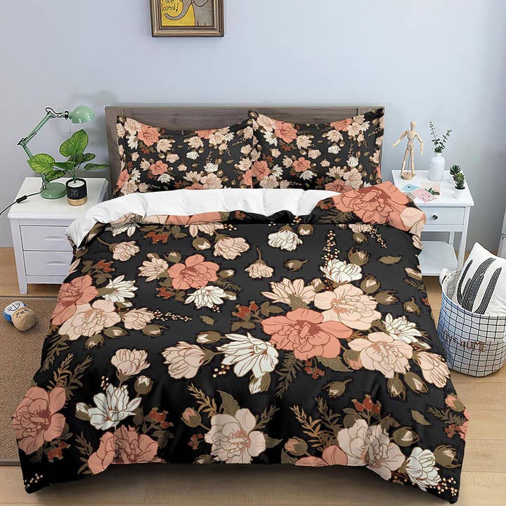 mitten av århundradet modernt svart blommigt täcke drottning, kung, boho täcke, designer sängkläder, estetiska sängkläder, maximalistiska sängkläder i full storlek för wholesale av daintyduvet