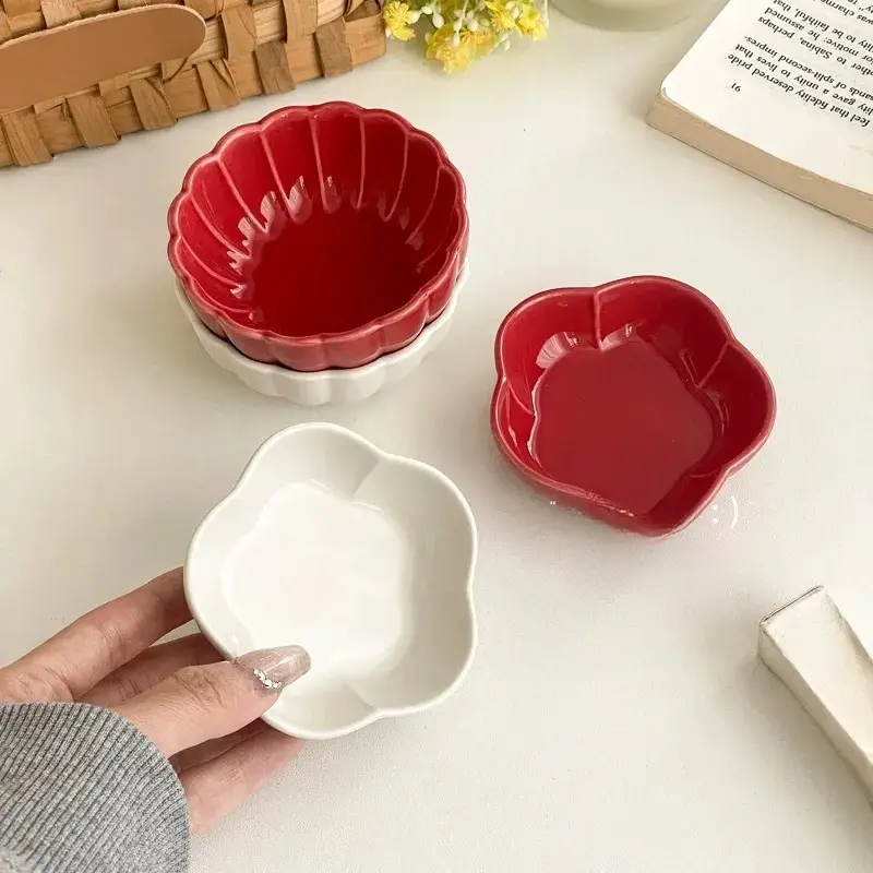 Otterware - Wholesale Condiment/Dip Bowl - Elegant Petal Ceramic Dipping Dishes (Red & White)7