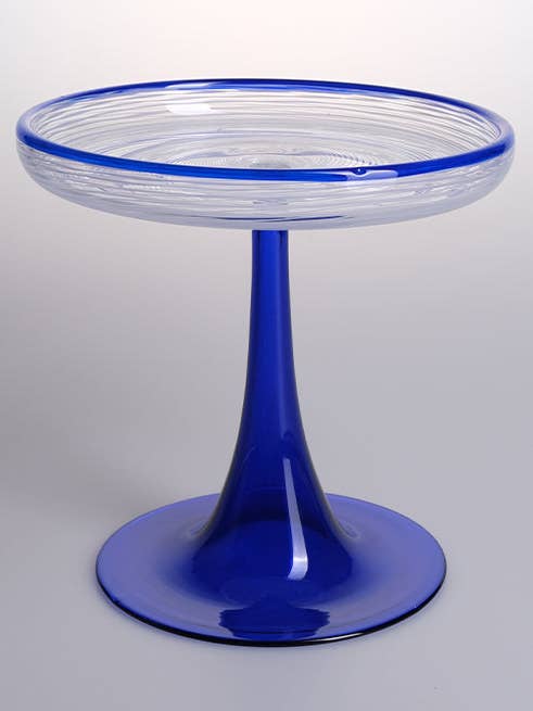 Tigela de Pedestal de Vidro Baixo Azul Feita à Mão por atacado de Barbablanca Glassworks