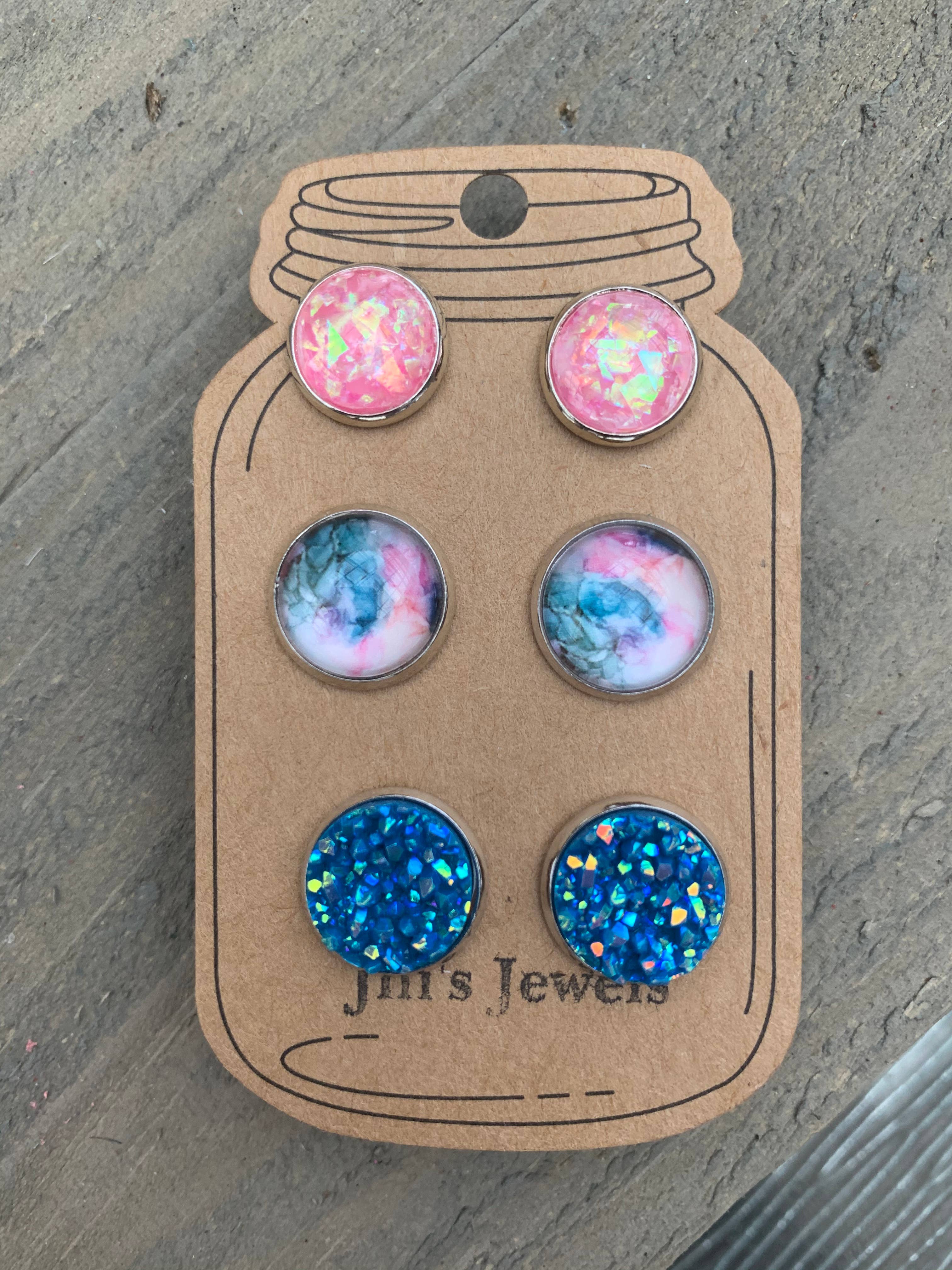 Jill's Jewels - Wholesale Jewelry Set - Blue and Pink Marble Triple Faux Druzy 3 Earring Set1