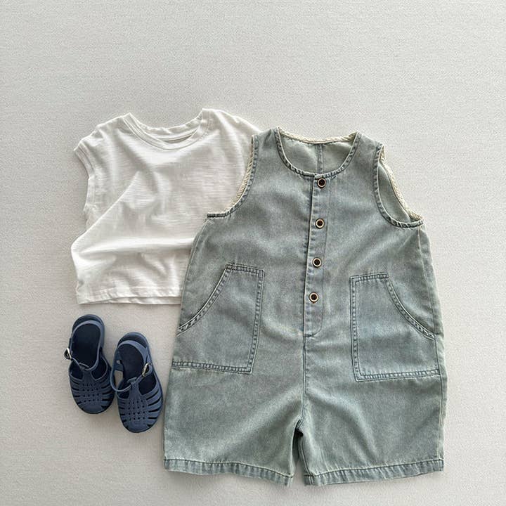 Sommar Unisex Baby Denim Ärmlös Halv Öppen Front Overalls Romper för wholesale av MyKids-USA®