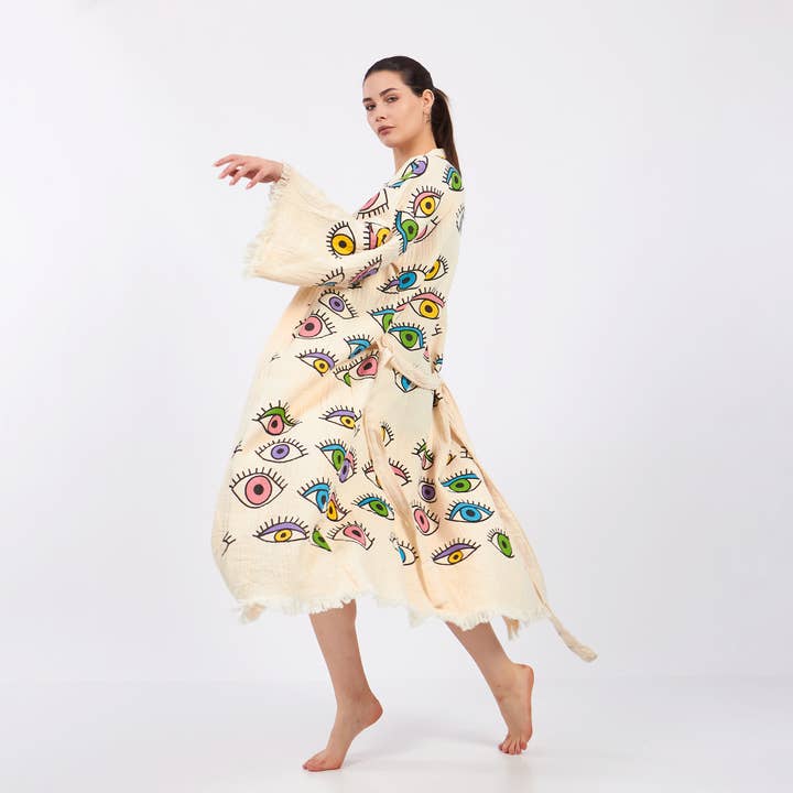 Yaz Concepts - Wholesale Kimono - Dames - Turkse badjas met kleurrijk oogmotief, festival kimono kaftan3