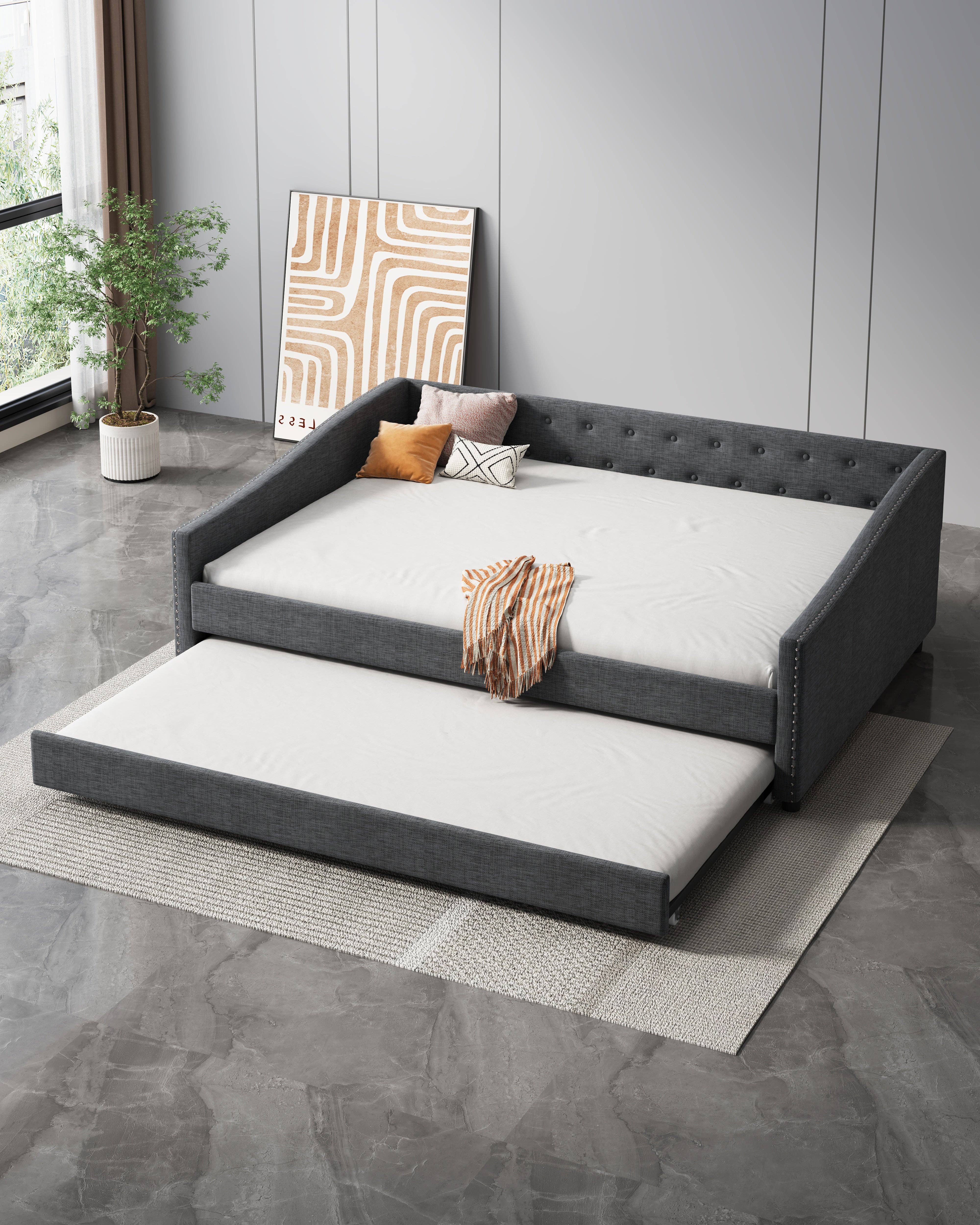 Orange County Decor - Wholesale Sofa - Full Size Daybed With Twin Size Trundle Upholstered Tufted Sofa Bed, With Button On Back And Copper Nail On Waved Shape Arms Dark Grey Full Dark Grey Wood Fabric0