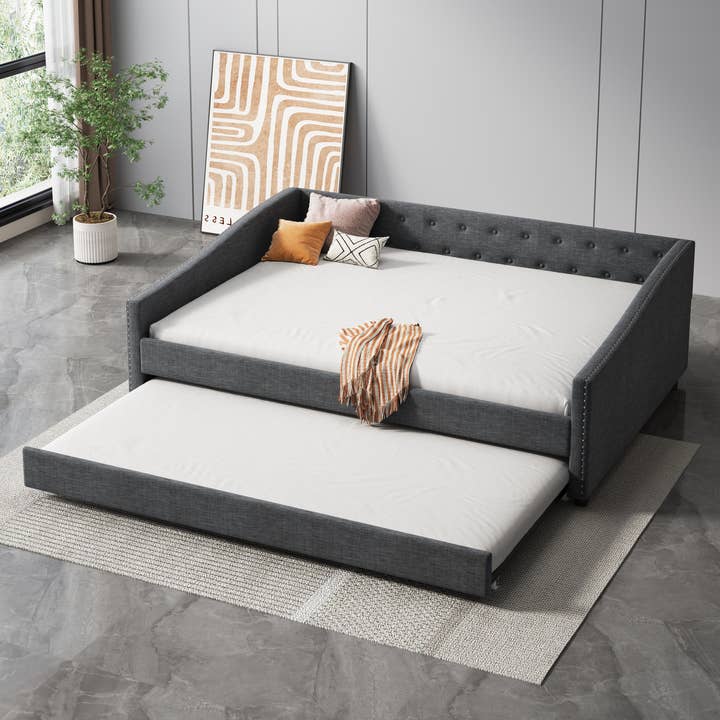 Orange County Decor - Wholesale Sofa - Full Size Daybed With Twin Size Trundle Upholstered Tufted Sofa Bed, With Button On Back And Copper Nail On Waved Shape Arms Dark Grey Full Dark Grey Wood Fabric