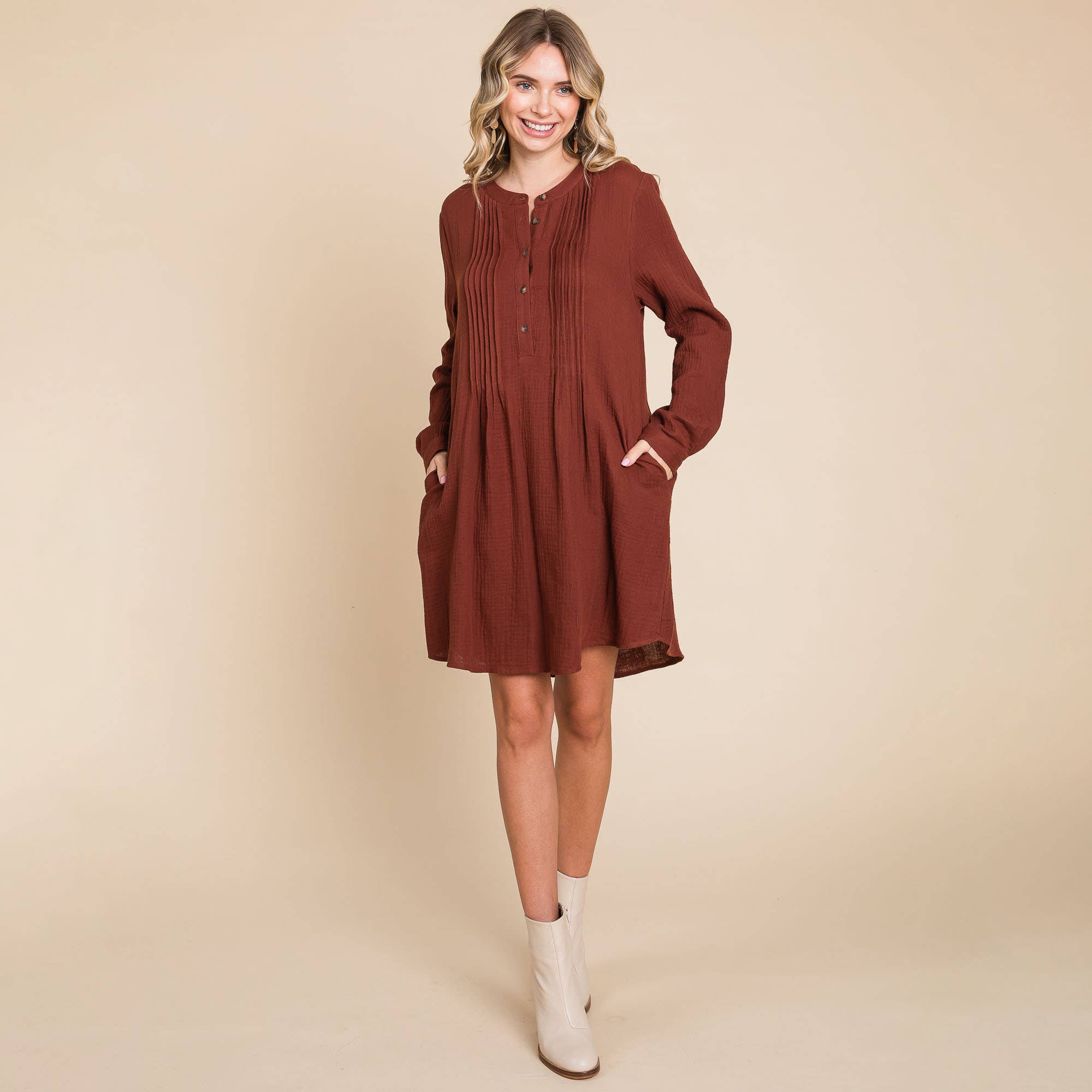 ROLYPOLY - Vente Robe – femme - Robe tunique en coton double gaze manches longues style henley10