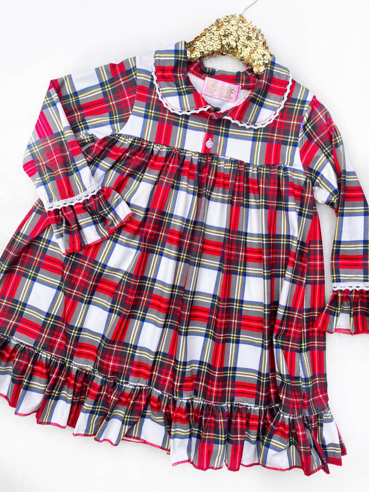 Rufflеѕ & Bоwtіеѕ - Affordable Boys & Girls Clothing - Wholesale Nightdress - Kids - Christmas Girls Vintage Long Armed Night Gown - White Tartan