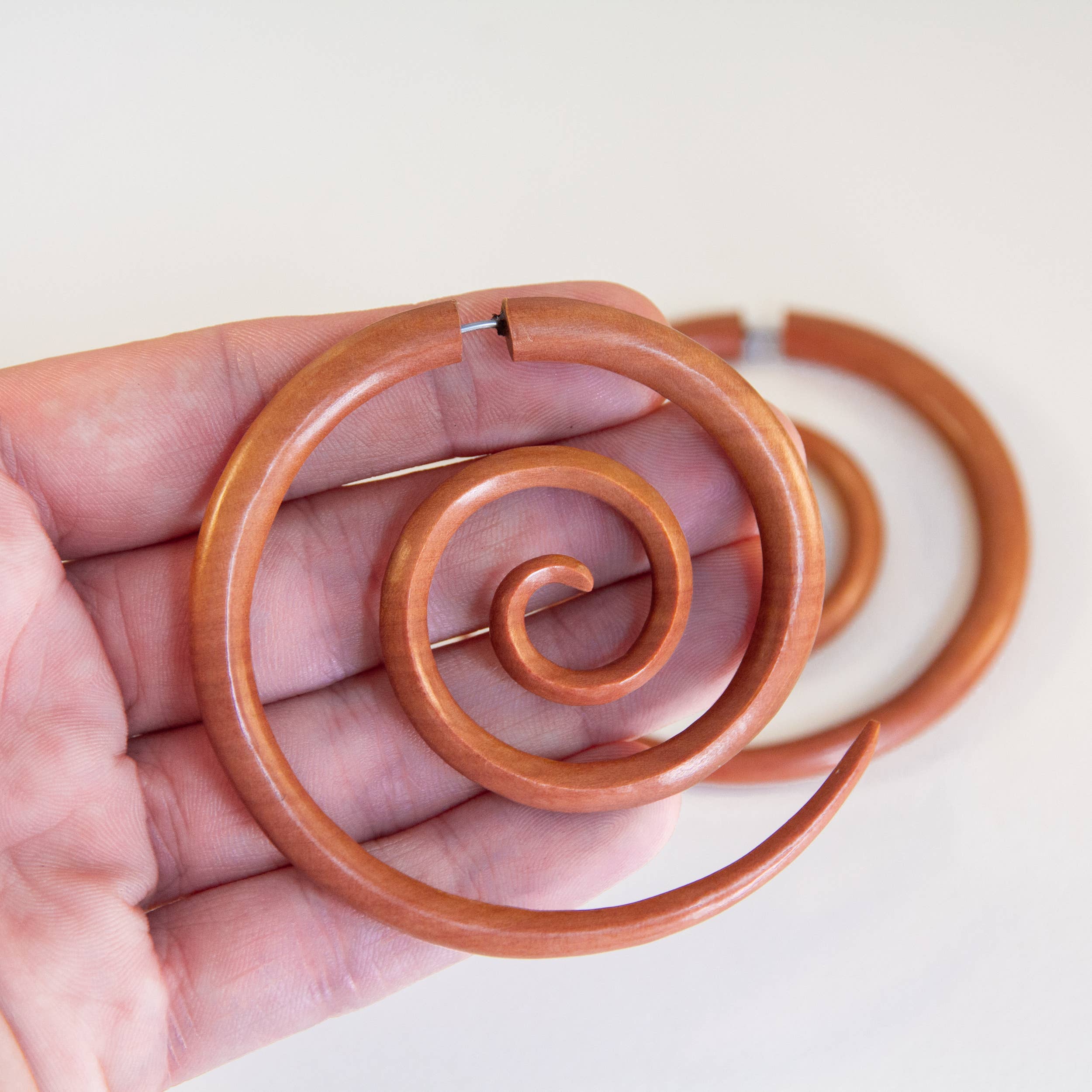 Ajmer by Jodi - Wholesale Dangle Earrings - Large Spiral Light Wood & Dark Wood Faux Gauges~ steel wires2