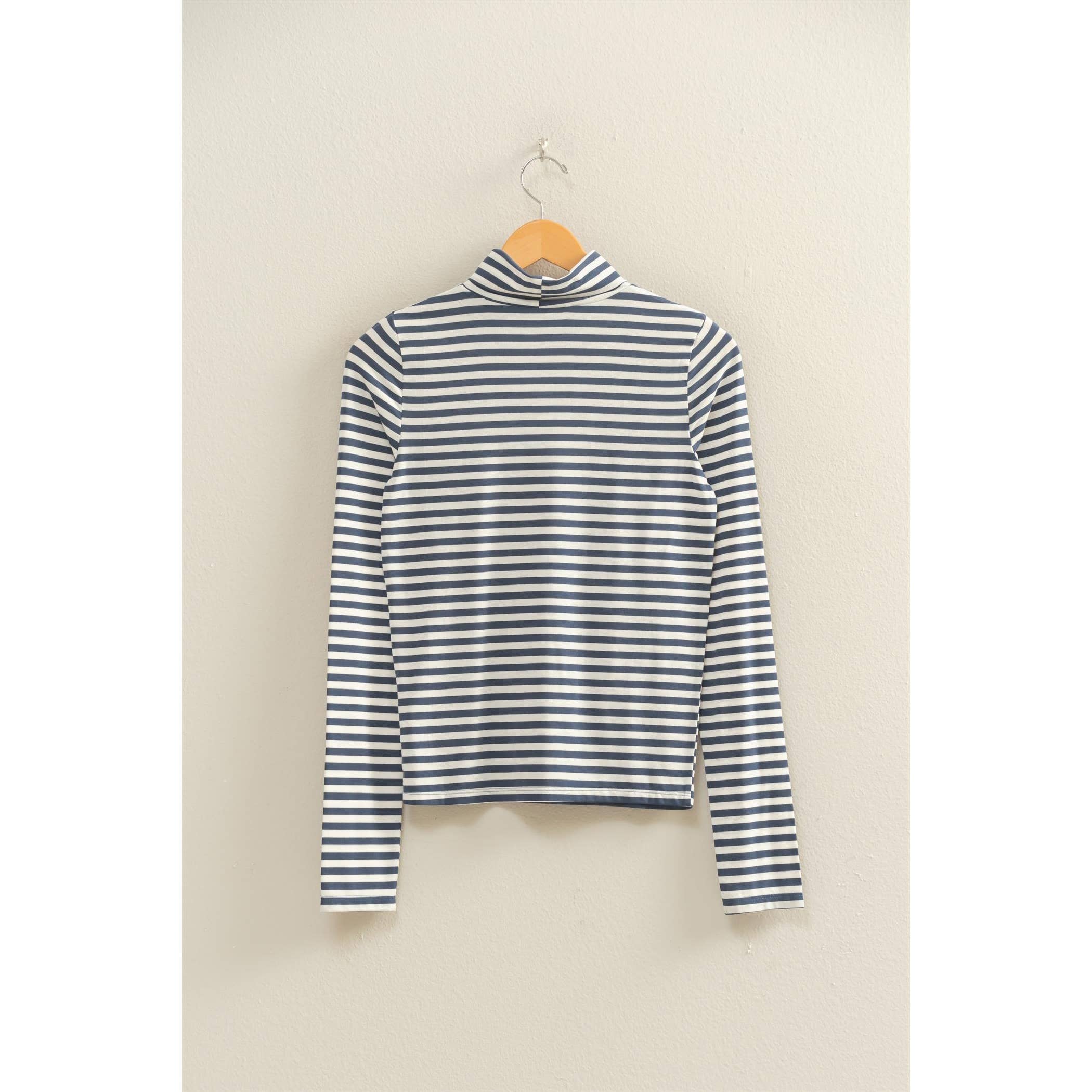 Double Zero - Wholesale Knit Top - Women's - Striped Turtleneck Fitted Long Sleeve Top3