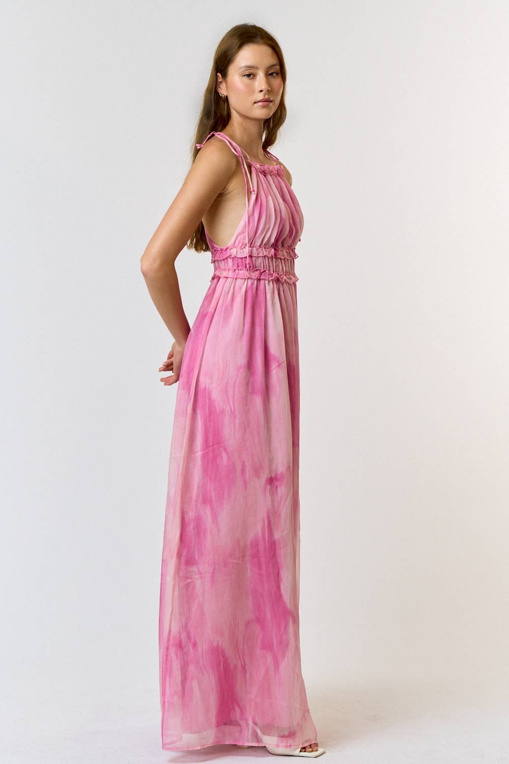 Pink ILD3864 Halter Tie Dye Print Ruffled Maxi Dress for wholesale on Faire3
