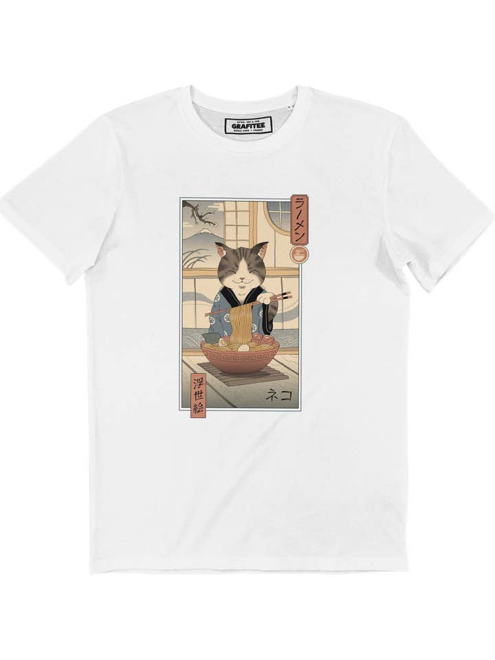 Grafitee - Wholesale Screen printed t-shirt – unisex - Neko Ramen Ukiyo-e T-shirt - Japanese graphic T-shirt0