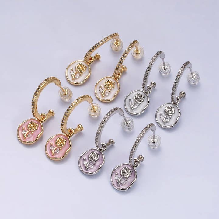 Brincos de Argola em Forma de C com Flor de Rosa em Ouro 16K, Esmalte Branco e Rosa, Micro Cravejados em Ouro e Prata | AD1012 - AD1015 por atacado de Aim Eternal