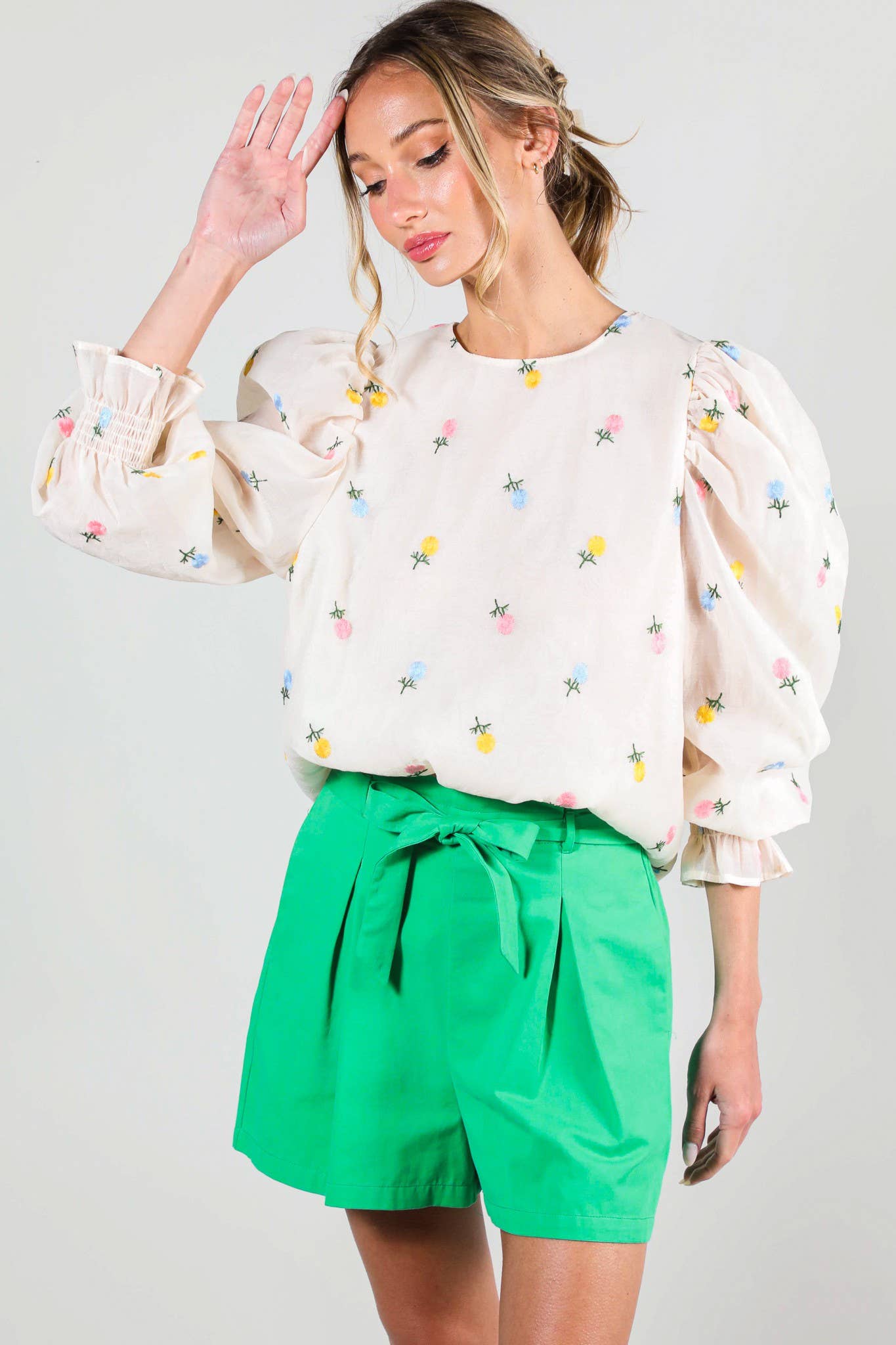 Vine & Love - Wholesale Blouse - Women's - Embroidered Long Puff Organza Blouse Top VT60375A4