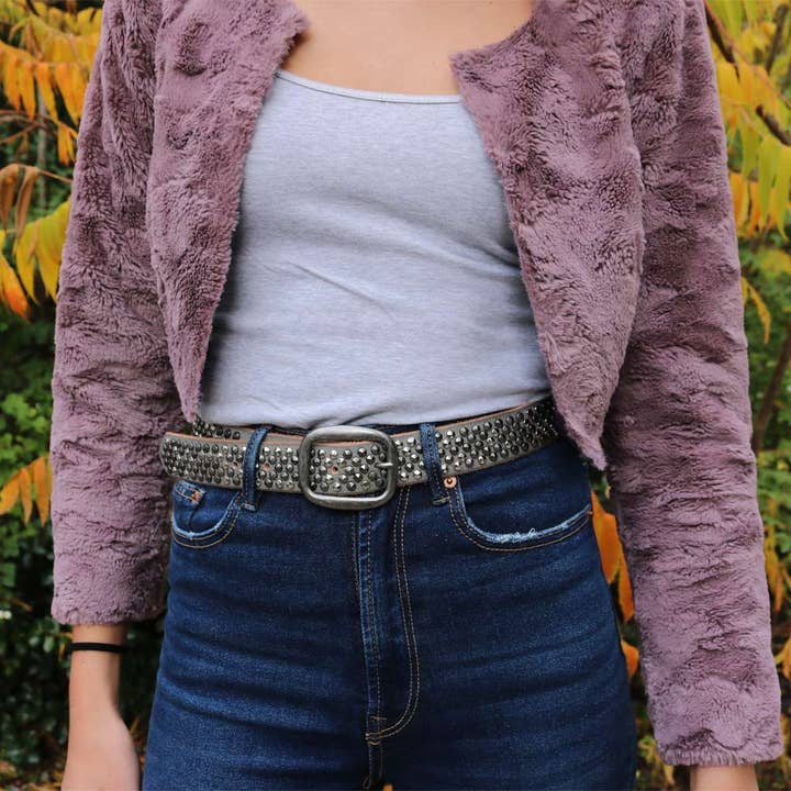 Amsterdam Heritage Leather Belts, Bags, Jackets & Apparel - Wholesale Belt - Women's - Britta | Vintage Silver Buckle Studded Leather Belt Women