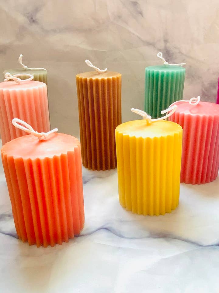 Colourful Ridged Pillar Beeswax Candle for wholesale by Maple + Love