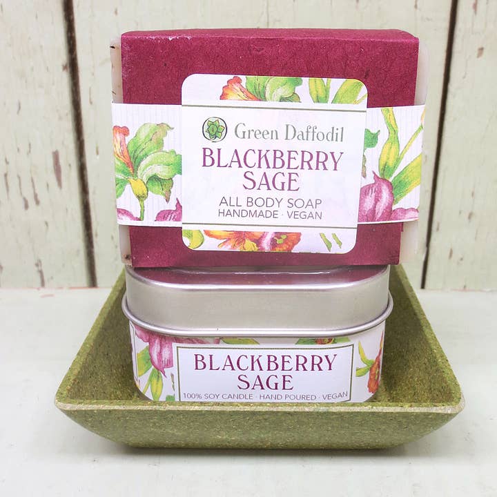 Green Daffodil Bath & Body - Wholesale Bath & Body Set - Blackberry Sage Candle & Soap Dish Kit - Gift Set1