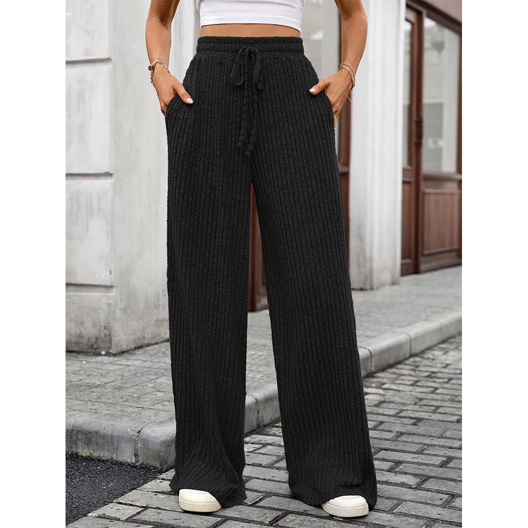 UNISHE - Wholesale Pants - Women's - Solid Drawstring Ribbed Brushed Elastic Waist Pants HLL2830