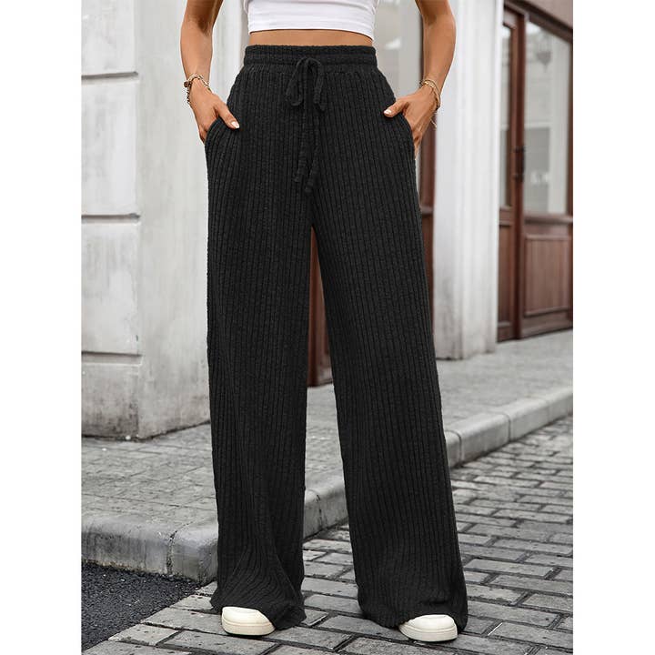 UNISHE - Wholesale Pants - Women's - Solid Drawstring Ribbed Brushed Elastic Waist Pants HLL283