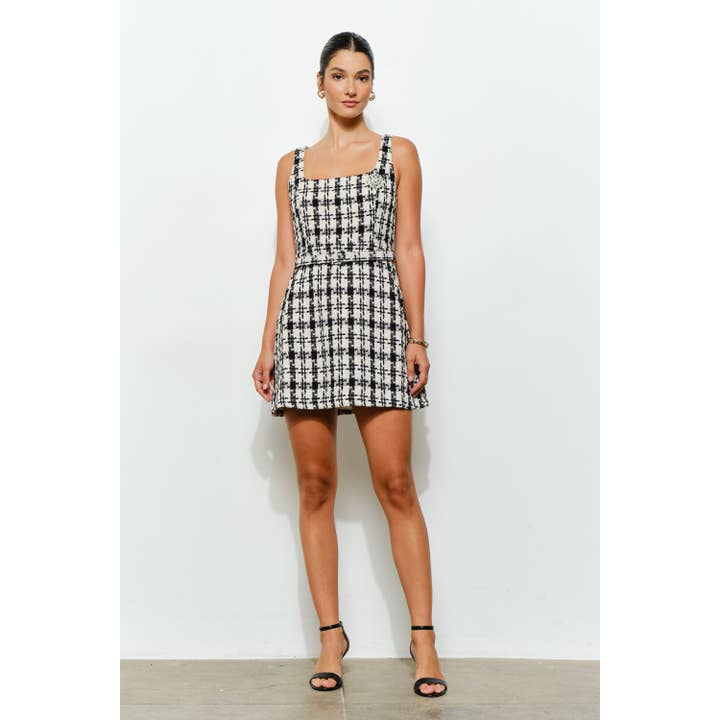 INA - Wholesale Dress - Women's - Check Tweed Brooch Detail Belted Mini Dress10