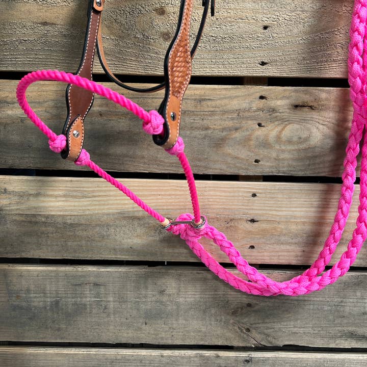 Rodeo Drive - Wholesale Horseback riding gear - Light Oil Basketweave Neon Pink Loping Hackamore #LHK0111