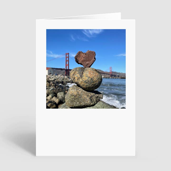 Greeting Card of a stone stack in front of GG Bridge for wholesale by HeartSFound