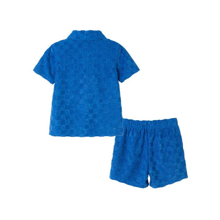 Kids (2-8) Textured Terry Shirt & Short Set| Blue Check for wholesale on Faire