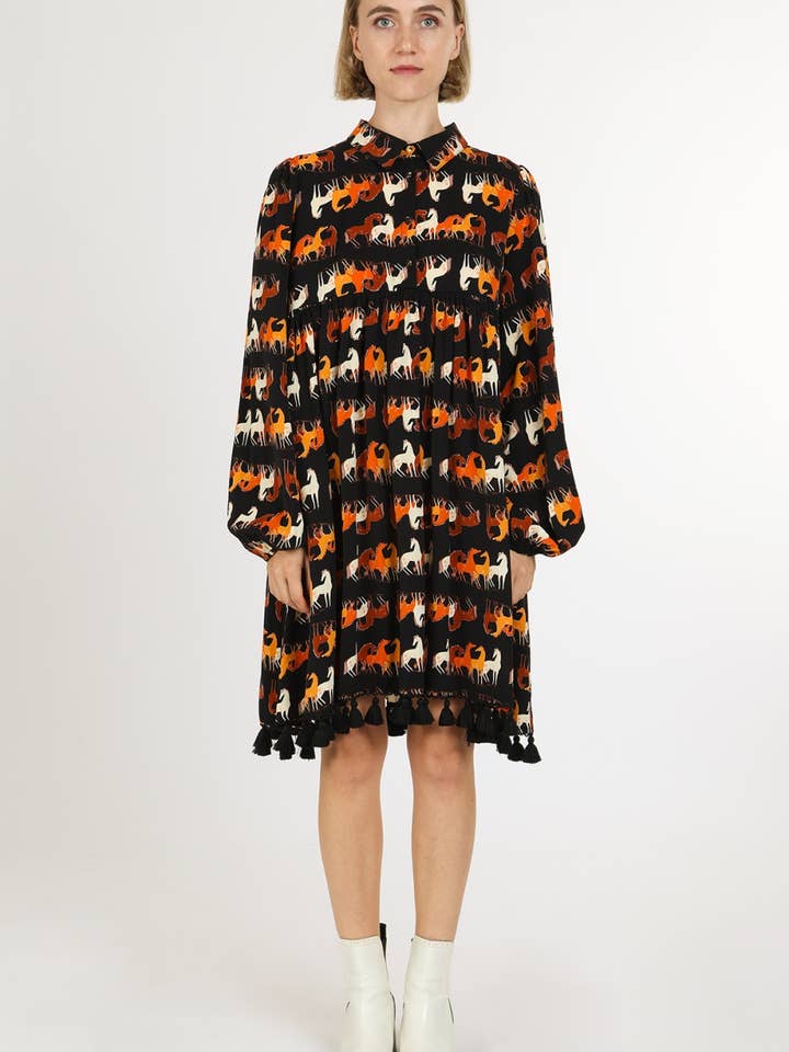 Horse Printed Tassel A-Line Midi Shirt Dress QW3013 for wholesale by Beulah Style