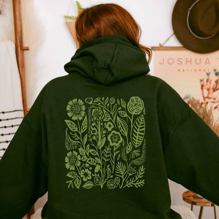 Green Art Wildflower Zip Up Hoodie | Graphic Flower Hoodie for wholesale by Sisterly Gifts Shop