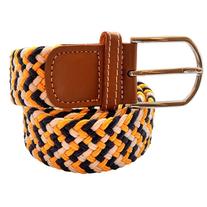 Ceinture élastiquée tissée à rayures tricolores - jaune, bleu marine et pour la vente par Bassin And Brown