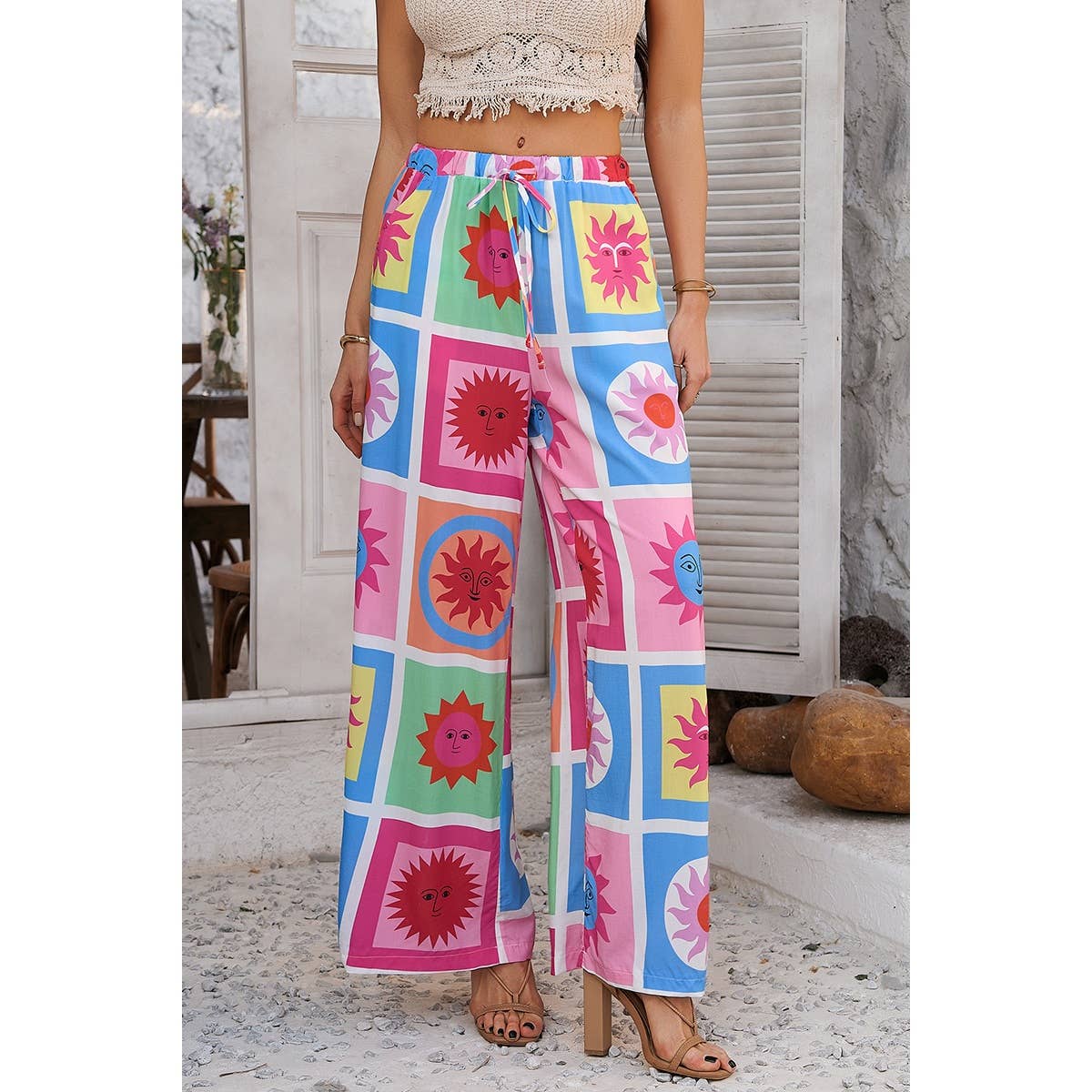 Elings - Wholesale Pants - Women's - Allover Print Drawstring Pockets Wide Leg Pants10